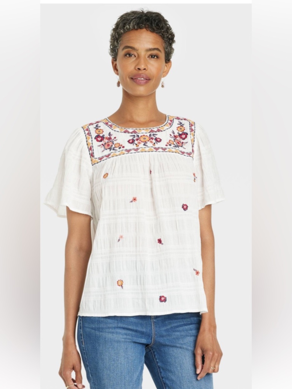 Boho Chic Knox Rose Flutter Short Sleeve White Embroidered Blouse Size Small